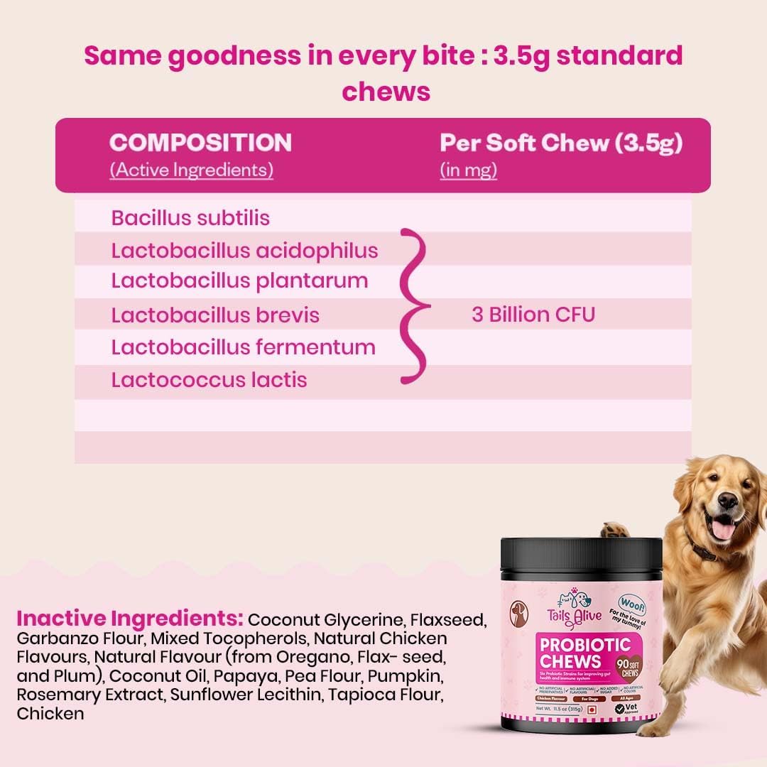 Masticables Probióticos para Perros | Seis Cepas Probióticas | Salud Digestiva e Inmunológica | Sabor Pollo | 90 Masticables