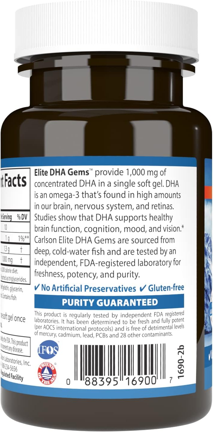 Carlson Elite DHA Gems, 1000 mg DHA, 30 cápsulas blandas