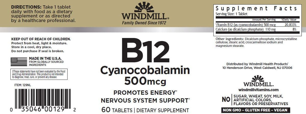 Windmill Vitamina B12 500 mcg, 60 Comprimidos