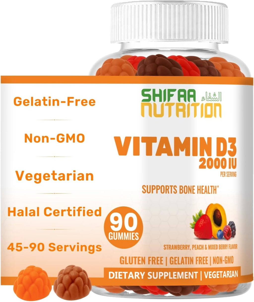 SHIFAA NUTRITION Gominolas Vegetarianas de Vitamina D3, 1000/2000 IU, 45-90 dosis, Halal, sin Gluten, sin Gelatina