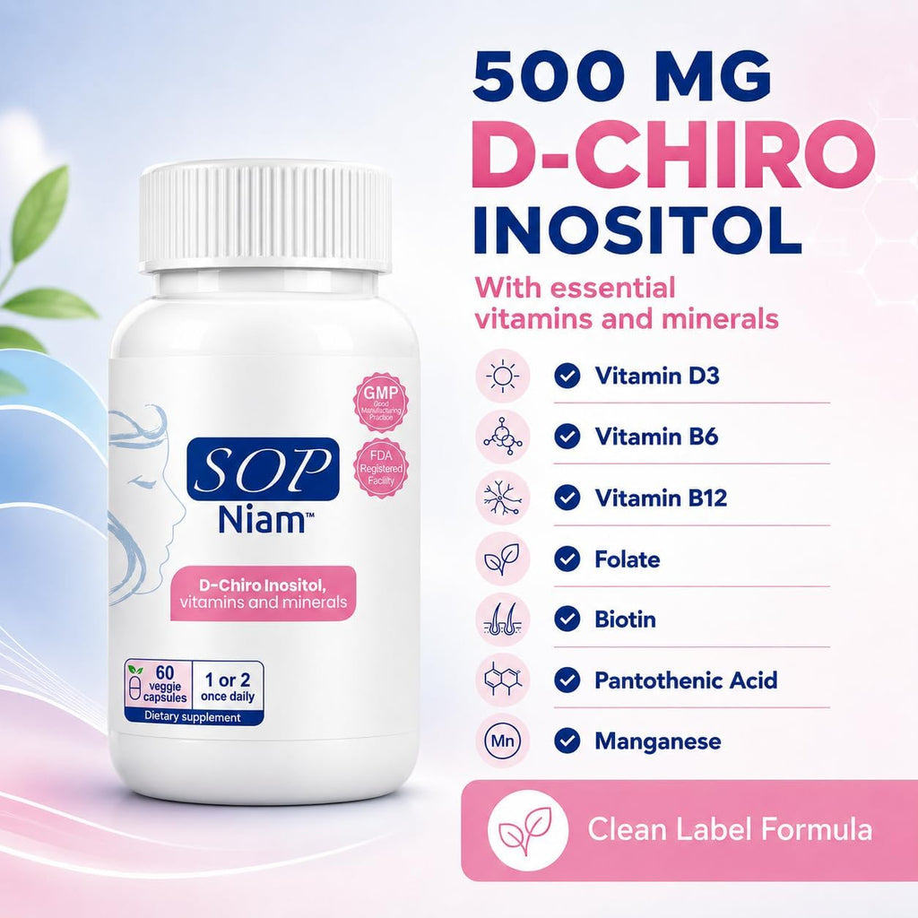 SOP NIAM D-Chiro Inositol 500mg con Ácido Fólico, Vitamina D3, B6, B12 y Biotina - 60 Cápsulas Veganas