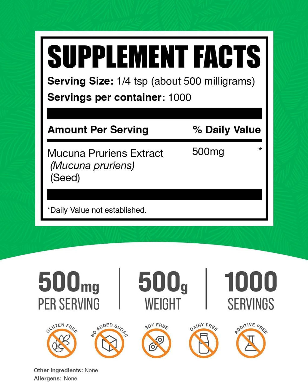 BulkSupplements.com Mucuna Pruriens Extract Powder - Herbal Supplement - Vegan & Gluten-Free, 500mg per serving, 500g
