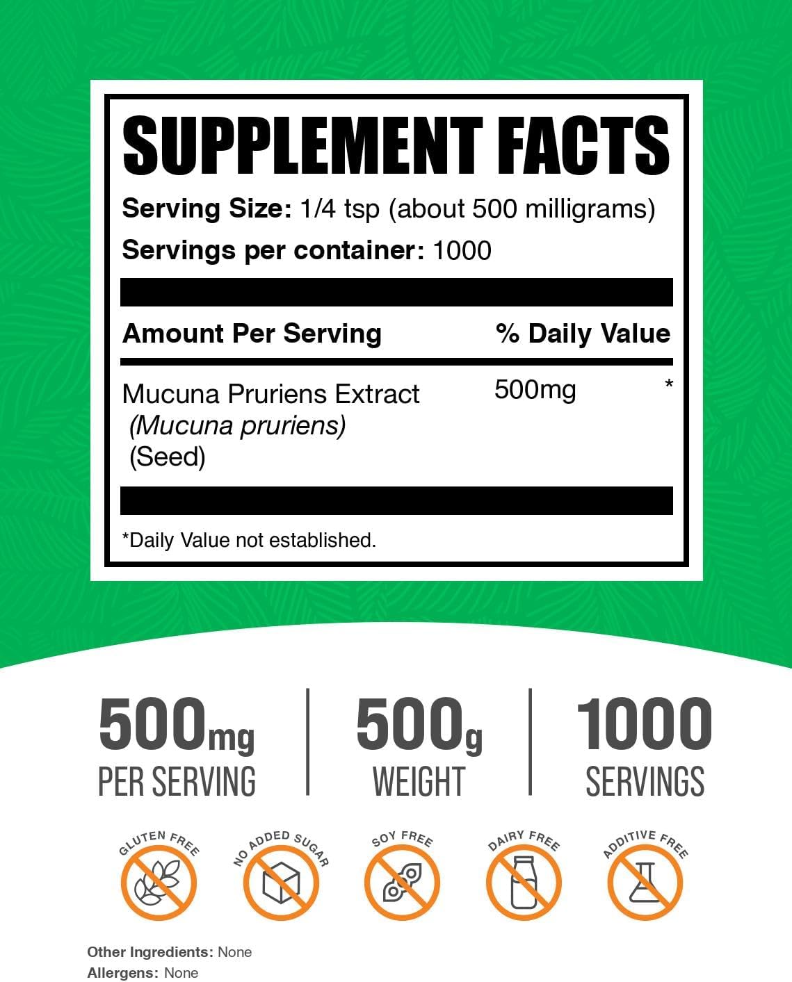 BulkSupplements.com Mucuna Pruriens Extract Powder - Herbal Supplement - Vegan & Gluten-Free, 500mg per serving, 500g