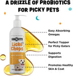 Dinovite Lickochops Suplemento para Perros y Gatos con Ácidos Grasos Omega-3 y 6, Probióticos y Vitamina E, 473 ml con Dosificador