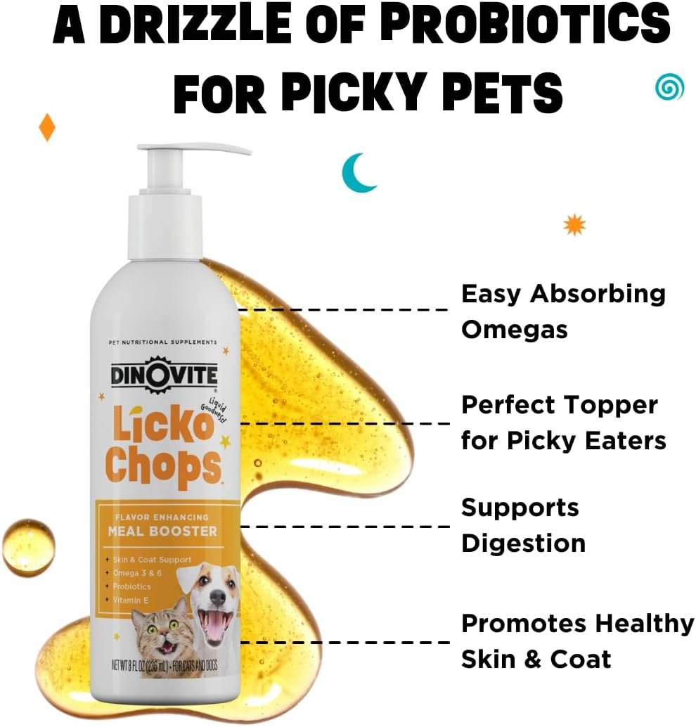 Dinovite Lickochops Suplemento para Perros y Gatos con Ácidos Grasos Omega-3 y 6, Probióticos y Vitamina E, 473 ml con Dosificador