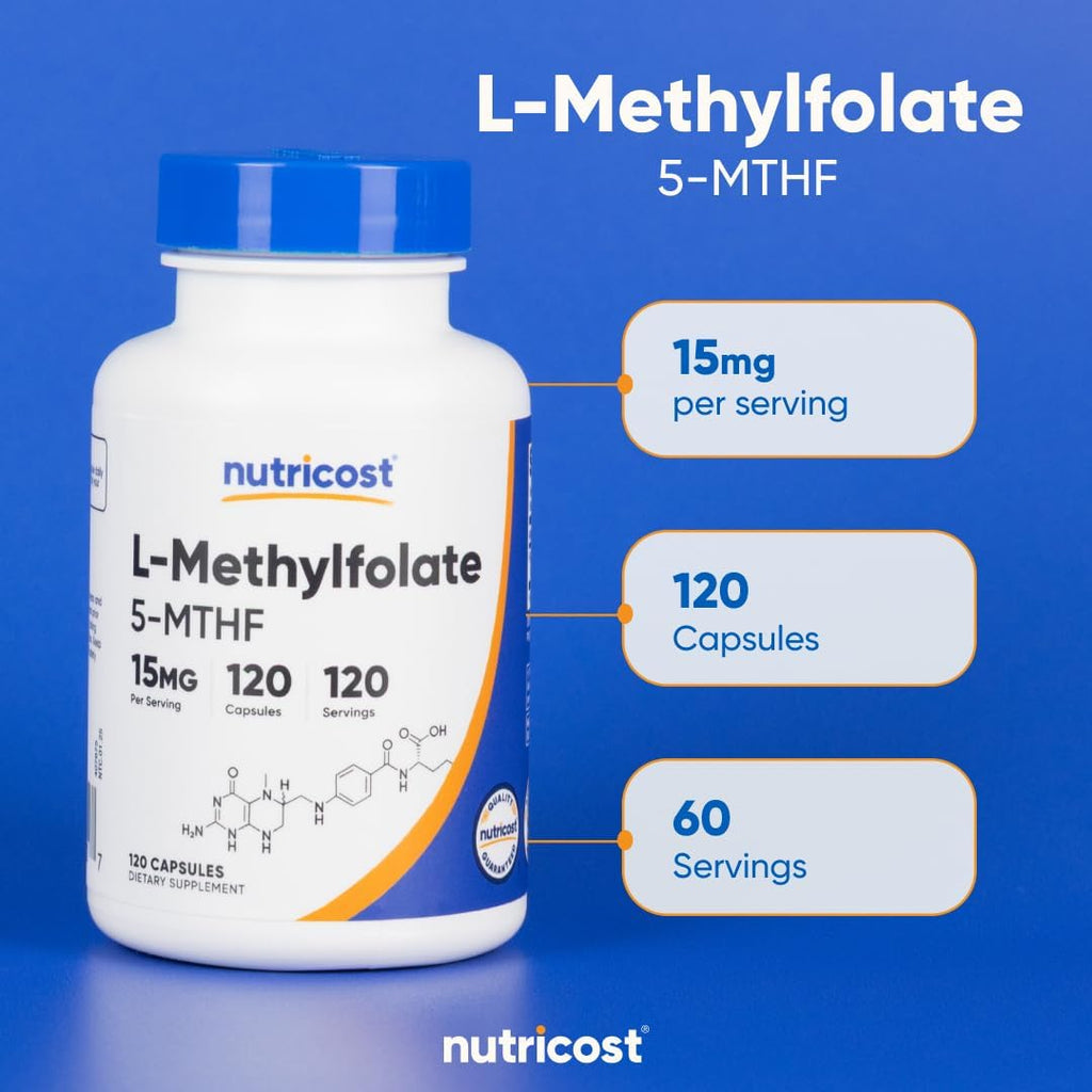 Nutricost L-Metilfolato 15mg, 120 Cápsulas (5-MTHF) - Vegano, Sin Gluten, No-GMO