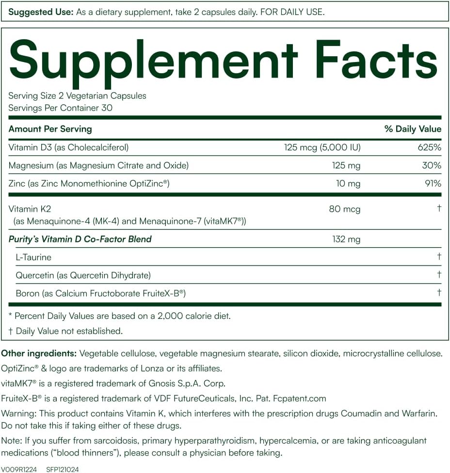 Purity Products Advanced D - Vitamina D3, K2, Zinc, Magnesio, Boro y Taurina - 60 Cápsulas Vegetarianas