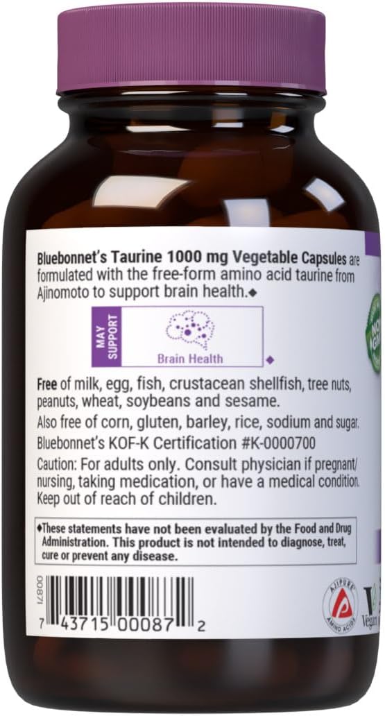 Bluebonnet Nutrition Taurina 1000 mg – 50 Cápsulas Vegetales, No Transgénico, Vegano, Sin Gluten