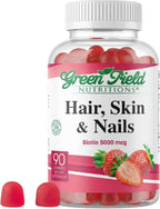 Greenfield Nutritions – Gominolas Halal de Biotina 5000 μg para Cabello, Piel y Uñas (90 Gominolas)