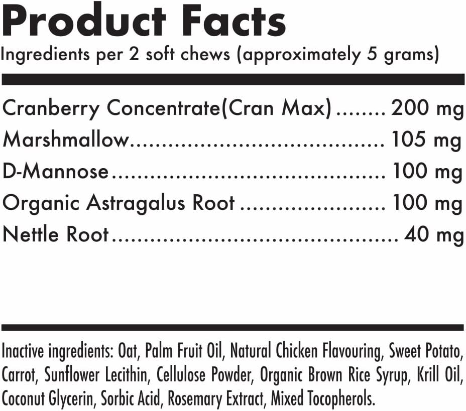 Cranberry UTI Chews para Perros - Apoyo a la Vejiga y Tracto Urinario con D-Mannosa - Complemento Natural de Arándano - 30 Chewables Sabor Pollo