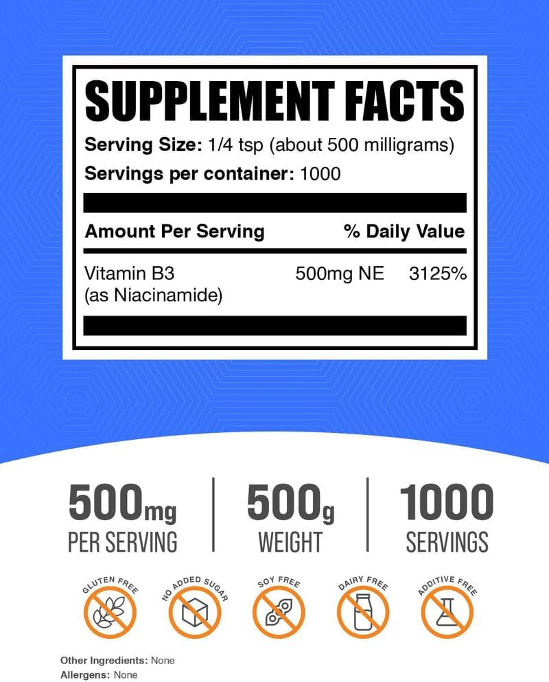 BulkSupplements Niacinamide Powder - Vitamin B3, 500mg per serving, 500g
