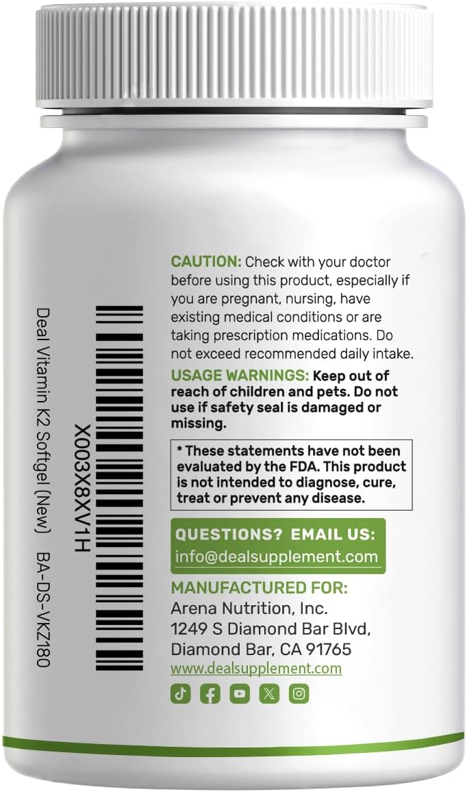 Vitamina K2 600mcg con MK-7 y MK-4, 180 Cápsulas de Aceite de Coco