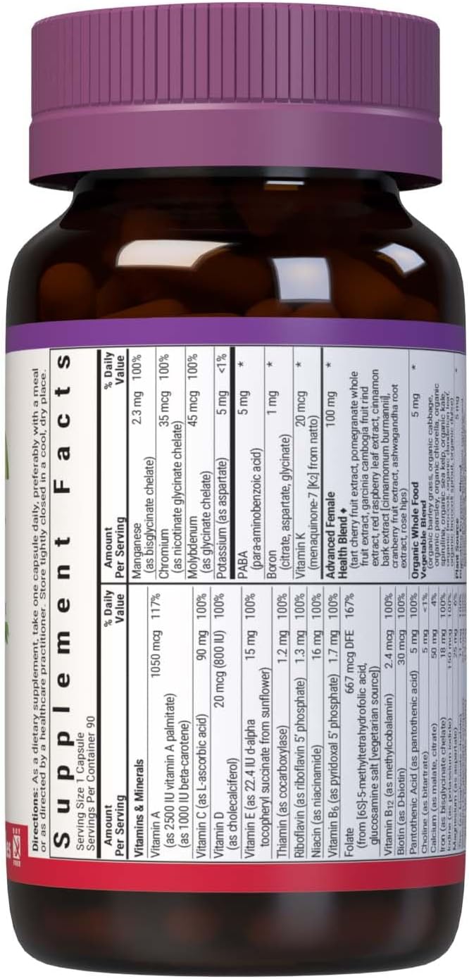 Bluebonnet Nutrition Ladies One – Multivitamínico y Mineral en Cápsulas Vegetales para Mujeres, con K2 y Mezcla de Alimentos Integrales, 90 Cápsulas