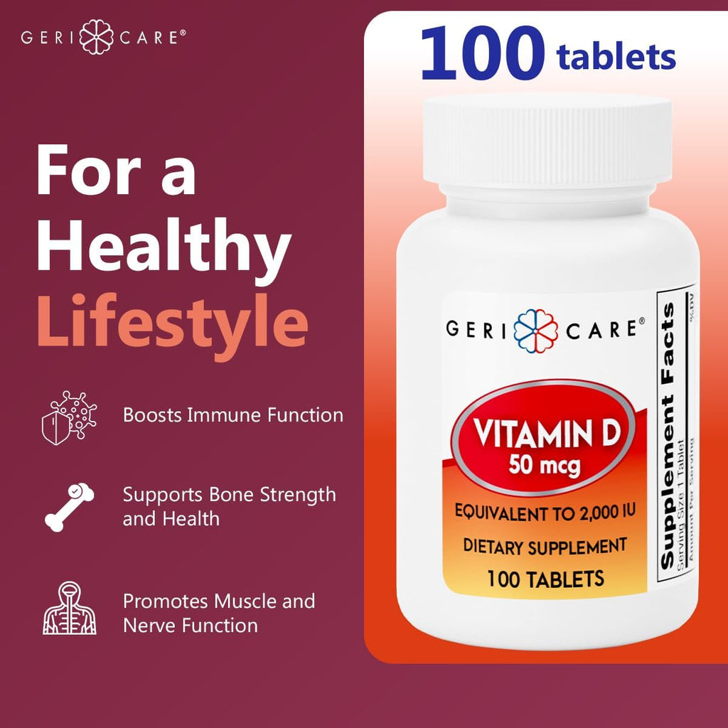 GeriCare Vitamina D 50 mcg (2000 UI) – 100 Comprimidos – Salud Ósea, Función Muscular y Apoyo Inmune