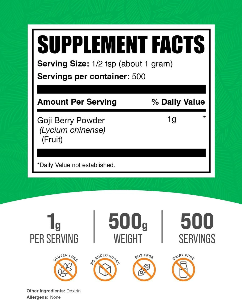 Polvo de Bayas de Goji - Suplemento de Goji, Wolfberry, Vegano y Sin Gluten, 1g por Ración, 500g