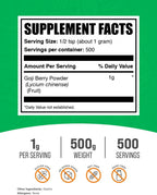 Polvo de Bayas de Goji - Suplemento de Goji, Wolfberry, Vegano y Sin Gluten, 1g por Ración, 500g