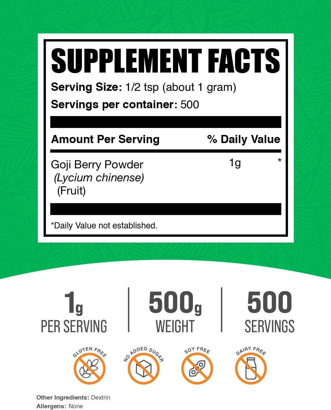Polvo de Bayas de Goji - Suplemento de Goji, Wolfberry, Vegano y Sin Gluten, 1g por Ración, 500g
