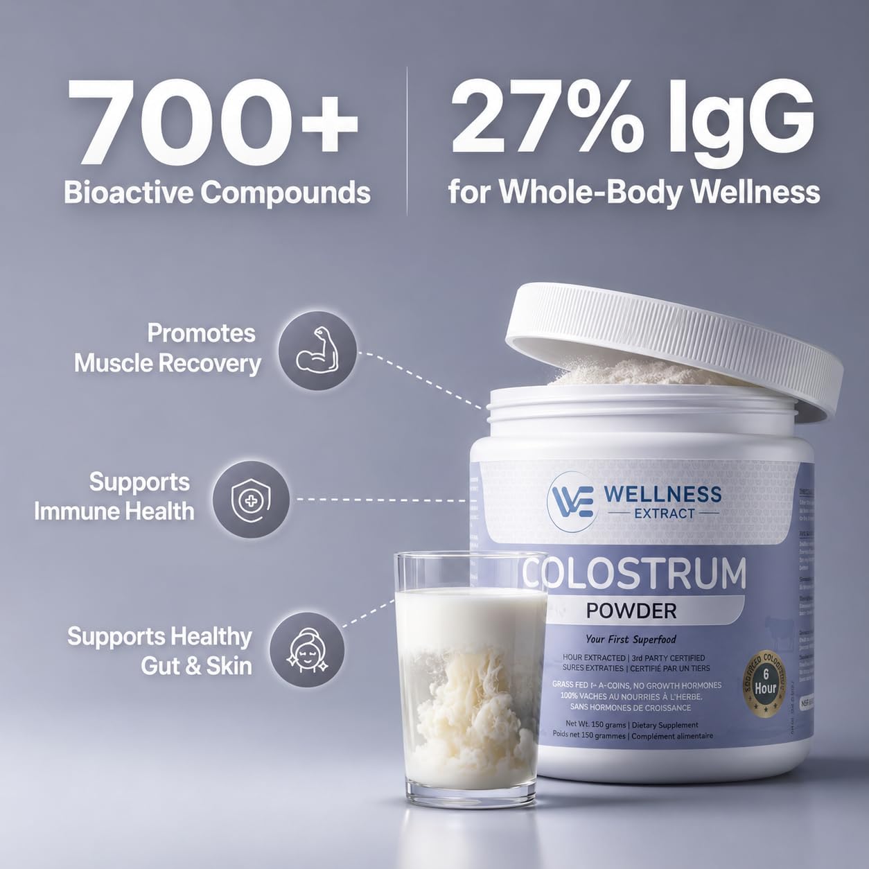 WELLNESS EXTRACT Calostro Bovino en Polvo con Lactoferrina, Complemento Alimenticio de Calostro Orgánico de Pasto, Rico en IgG e IgA, Sin Sabor, 60g