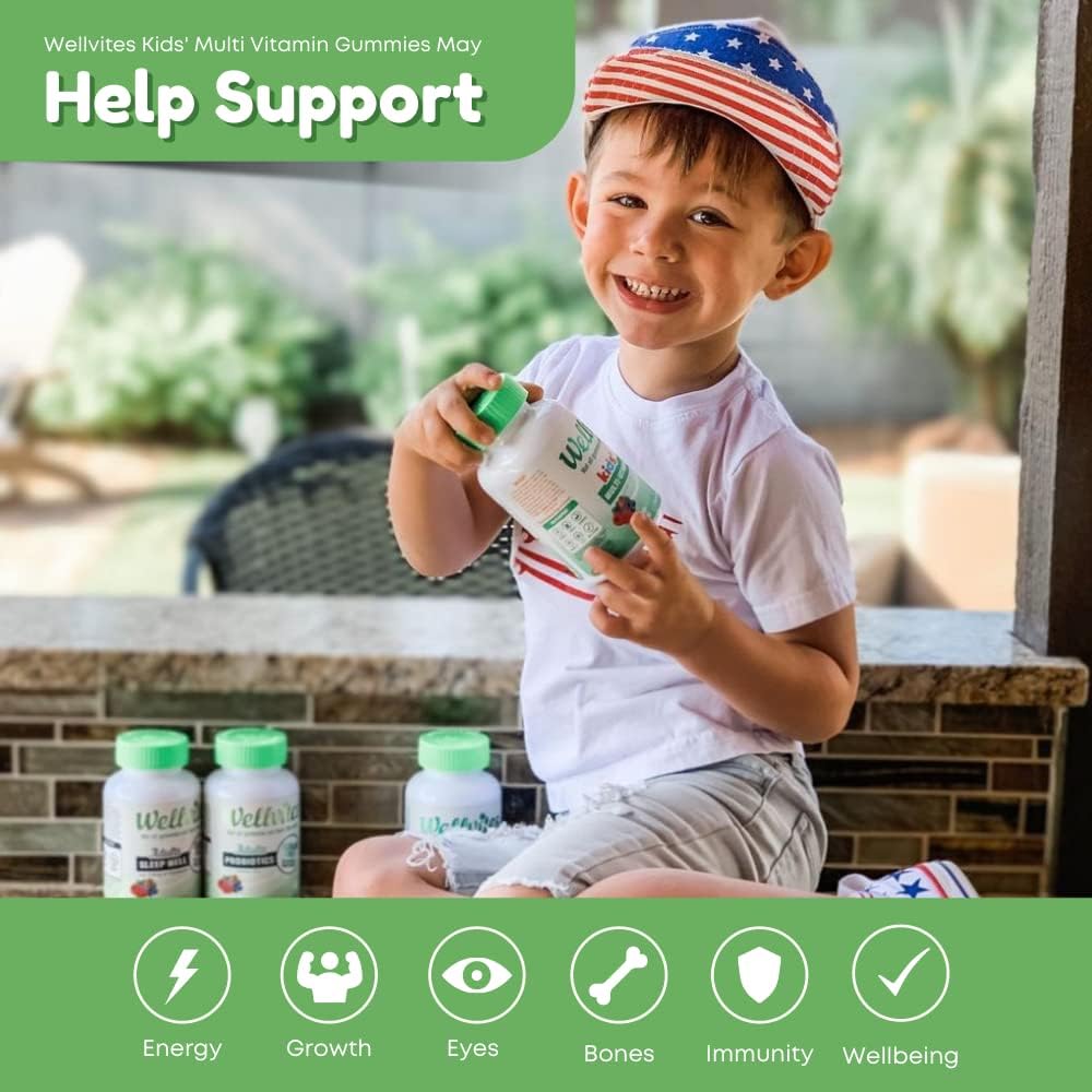 Wellvites Kids Multivitamin Gummies - Gominolas multivitamínicas infantiles sin azúcar, veganas, 60 unidades