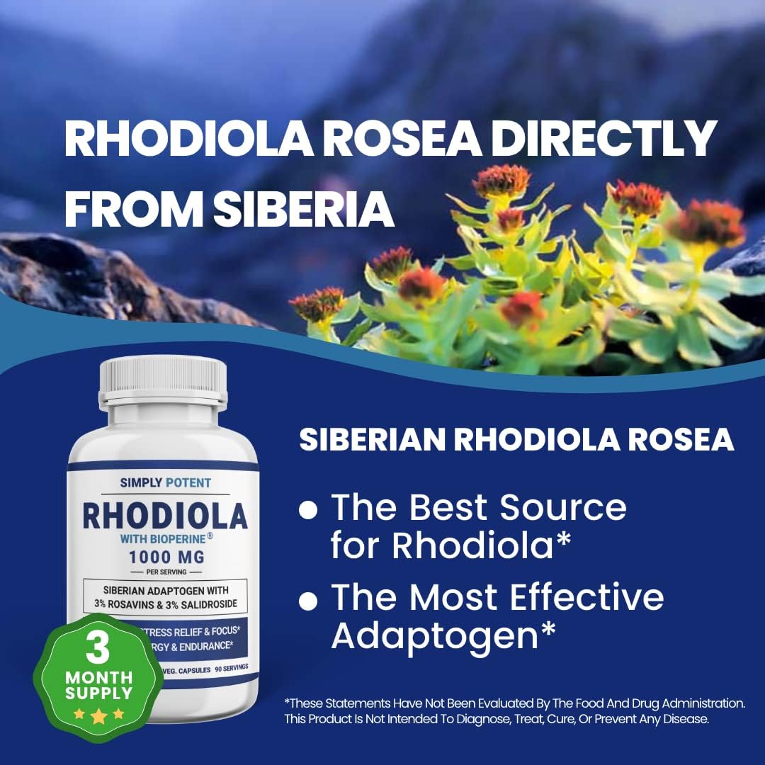 Simply Potent Rhodiola Rosea Siberiana 1000mg con Bioperine - 180 Cápsulas