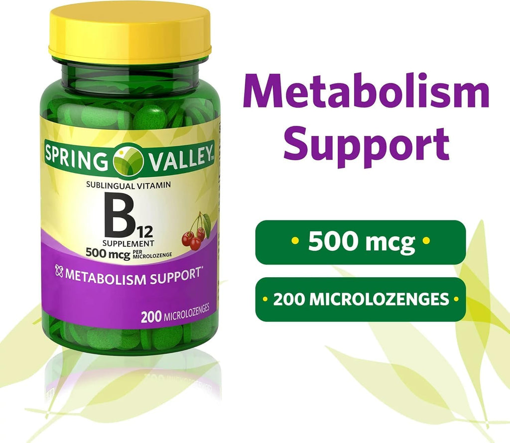 Sublingual B12 500 mcg - Spring Valley - Cherry Flavor - 200 comprimidos