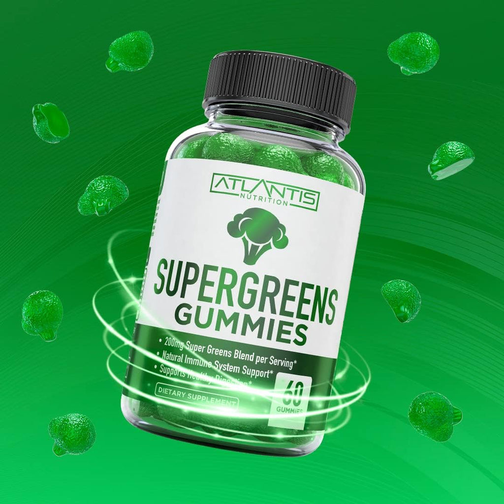 Supergreens Gummies - Complemento Diario de Superalimentos Verdes con Espinacas, Brócoli, Moringa, Remolacha, Apio, Té Verde y Acai - Sabor Frambuesa Natural, 60 Gominolas