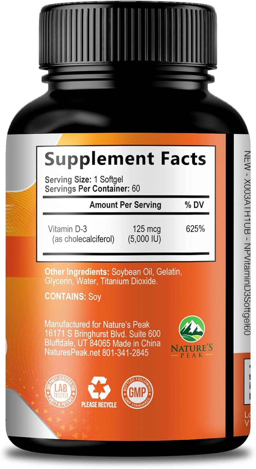 Vitamina D3 5000 IU (125 mcg) - 60 Cápsulas Blandas - Nature's Peak