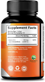 Vitamina D3 5000 IU (125 mcg) - 60 Cápsulas Blandas - Nature's Peak