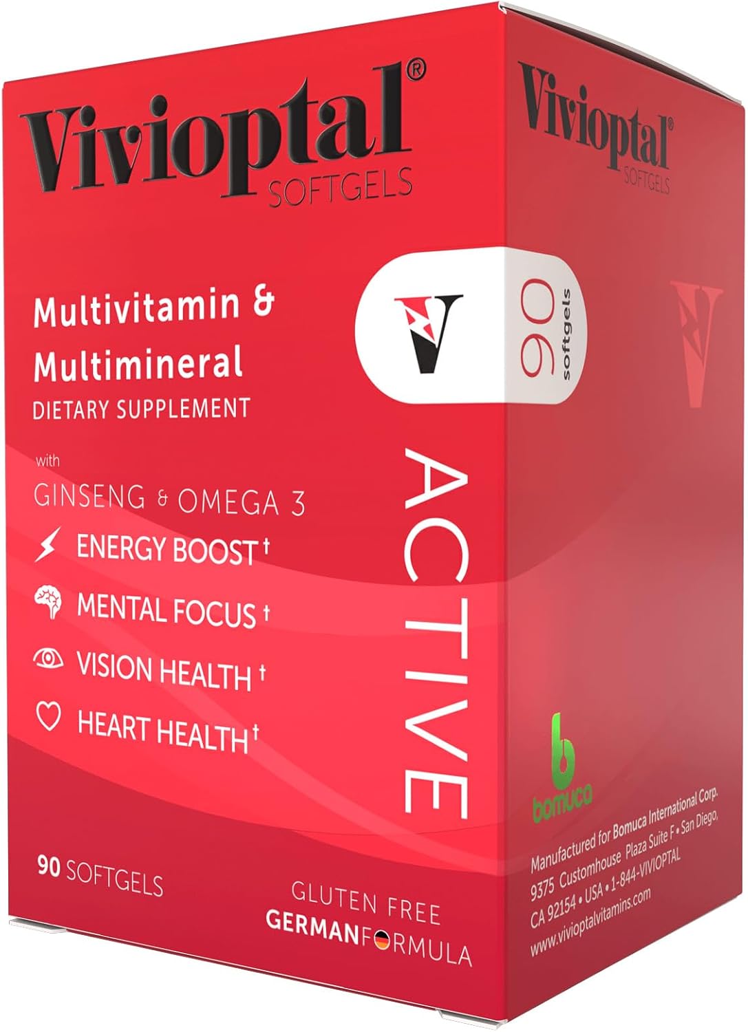 Vivioptal Active, 90 Softgels, Multivitamin with Ginseng and Omega-3, German Formula, Gluten-Free