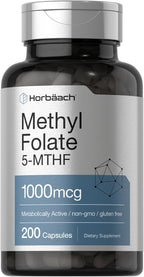Horbäach Metilfolato | 1000 mcg | 200 Cápsulas | 5-MTHF | Sin Gluten, No-GMO