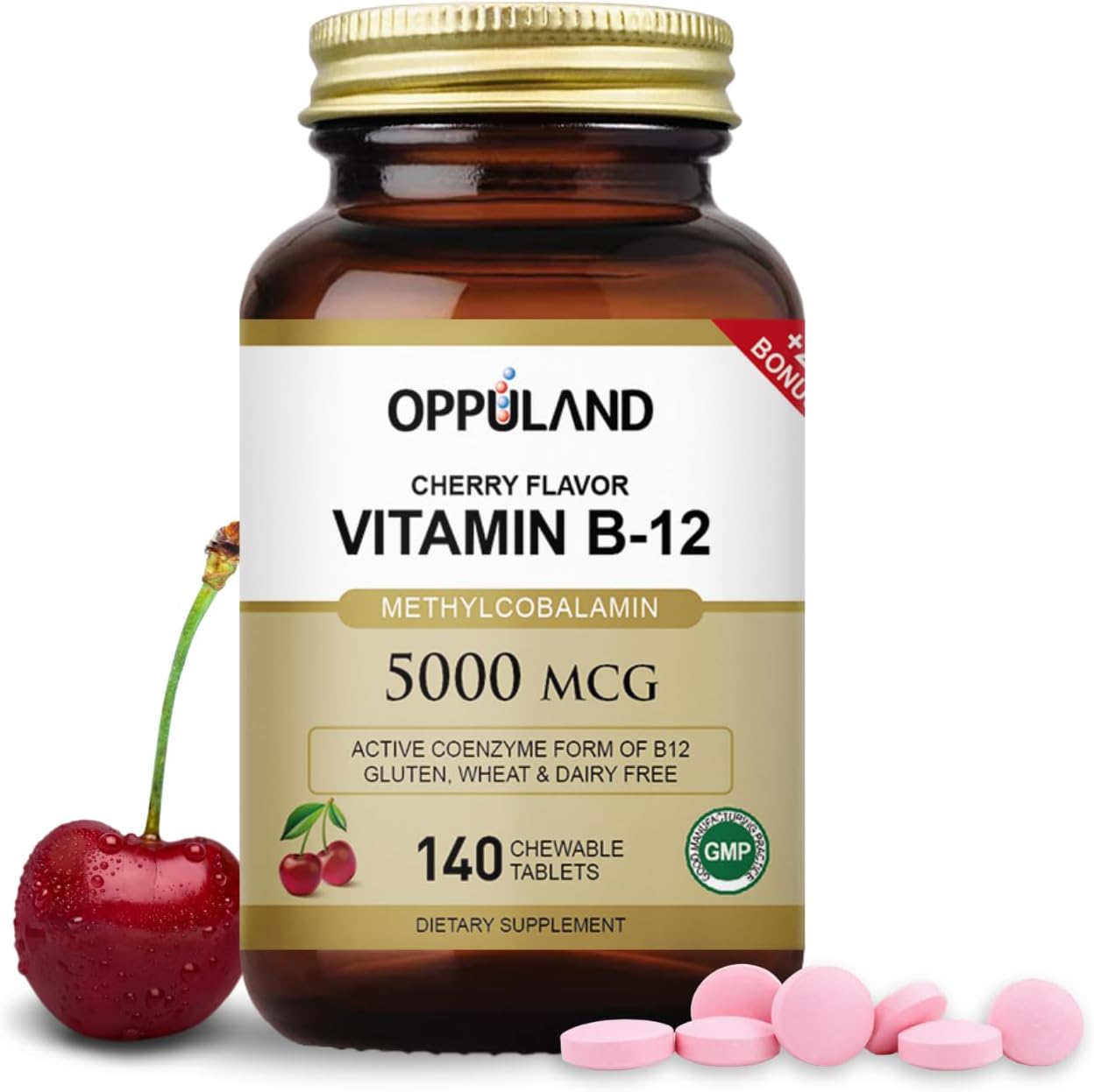 Oppuland Metilcobalamina B12 5000 mcg con Folato - Comprimidos Masticables Sabor Cereza - 120 Unidades