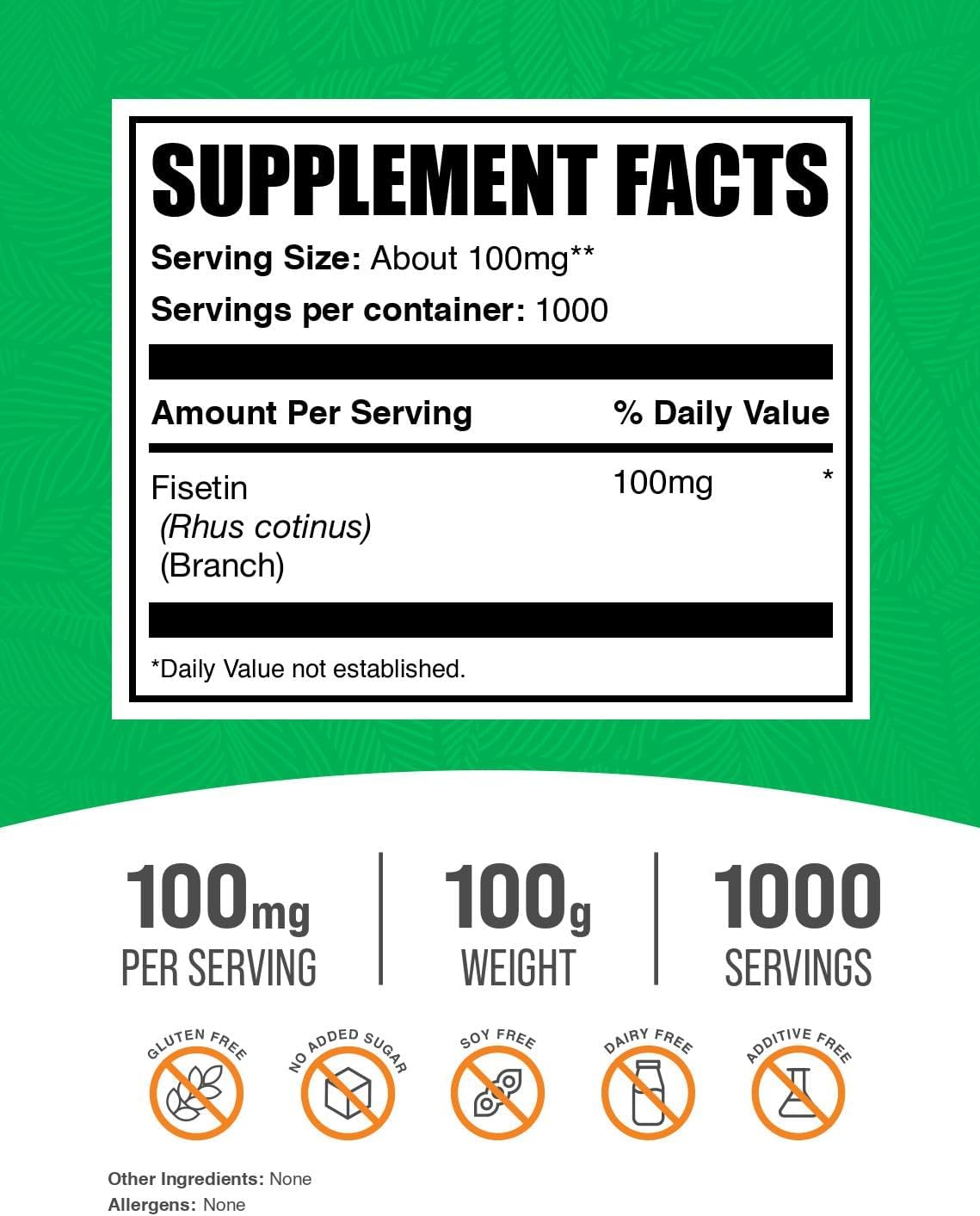 Fisetin en Polvo - Suplemento Antioxidante, 100mg por Ración, Puro y Sin Gluten, 100g (Pack de 1)