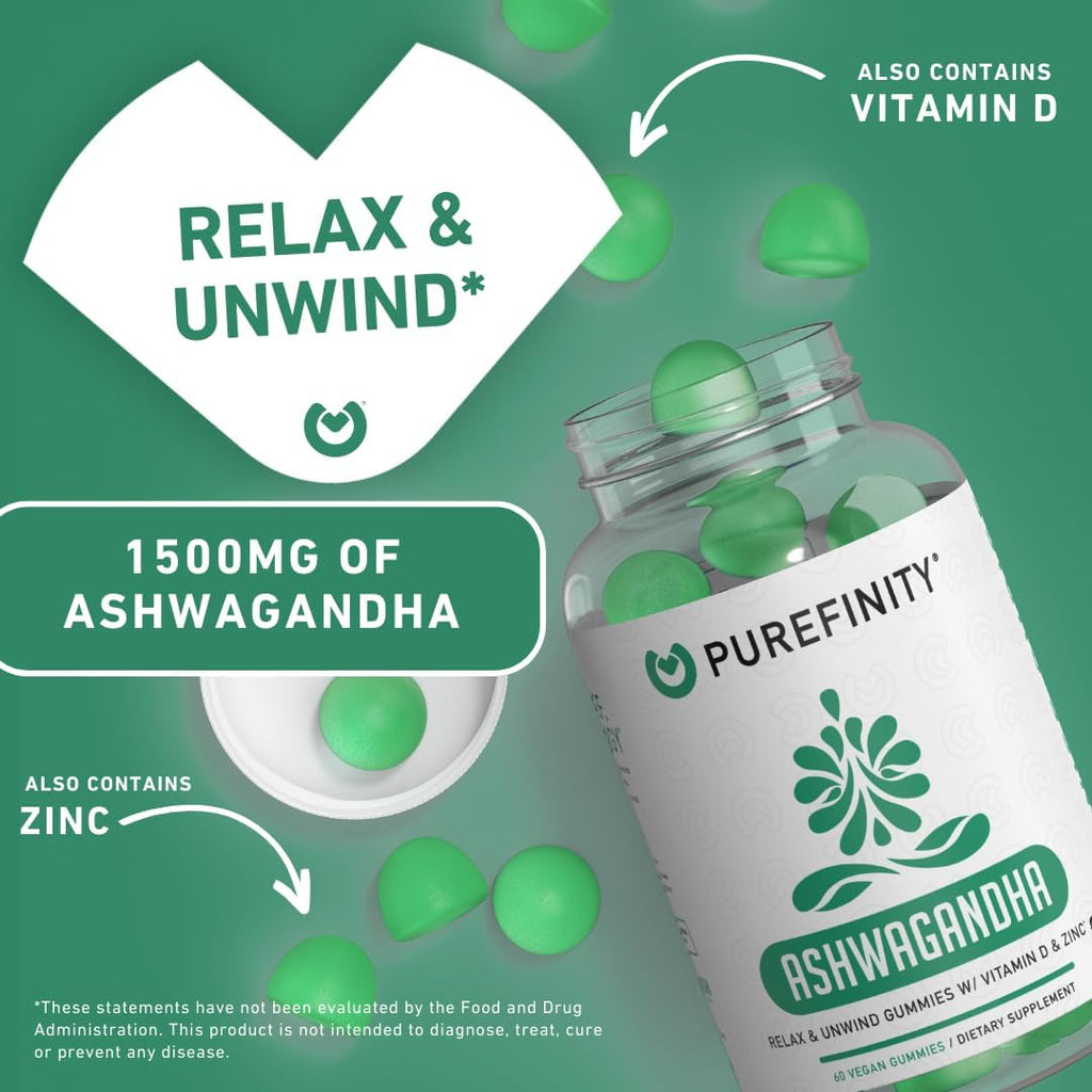 Ashwagandha Gummies con Vitamina D y Zinc – Complemento para la Relaxación y el Bienestar – Sin Gluten, No GMO, Vegano, 60 Gominolas