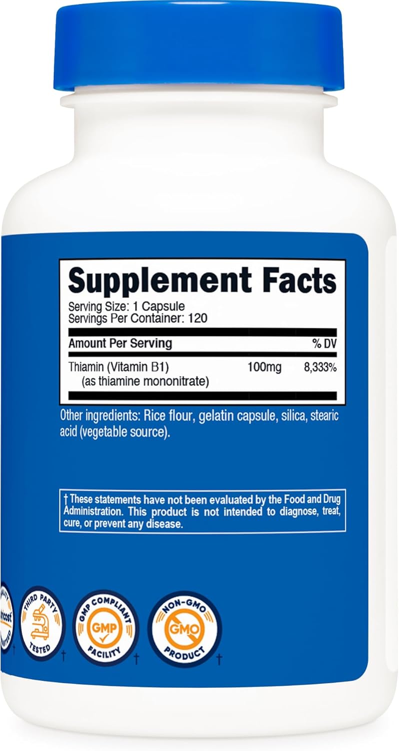 Nutricost Vitamina B1 (Tiamina) 100mg, 120 Cápsulas - Sin Gluten y No-GMO