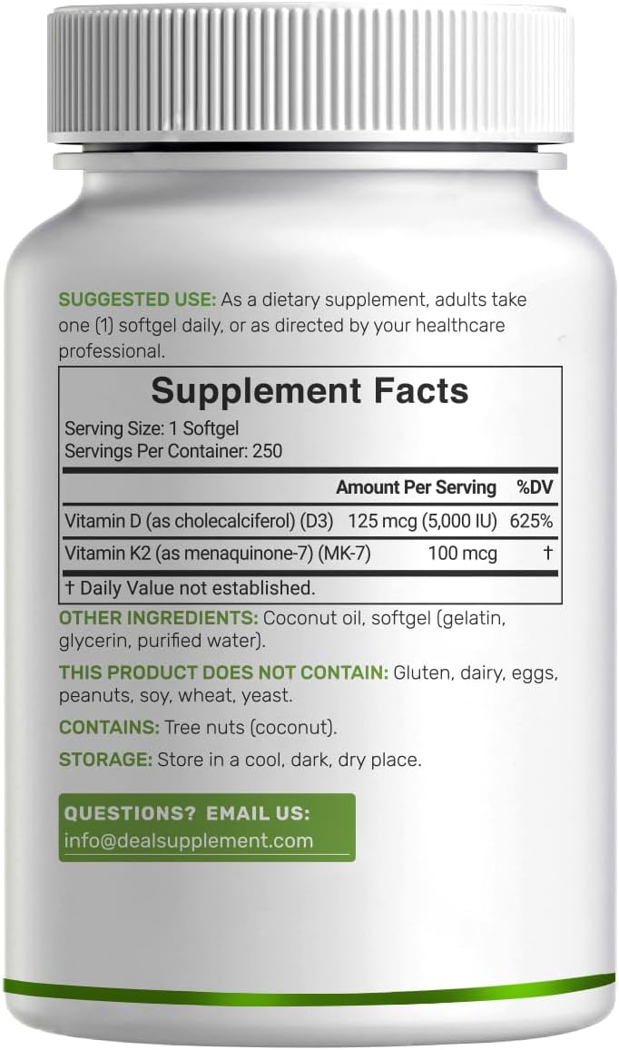 DEAL SUPPLEMENT Vitamina D3 5.000 UI + K2 MK7 100mcg Cápsulas blandas | Complejo 2 en 1 con Aceite de Coco Virgen