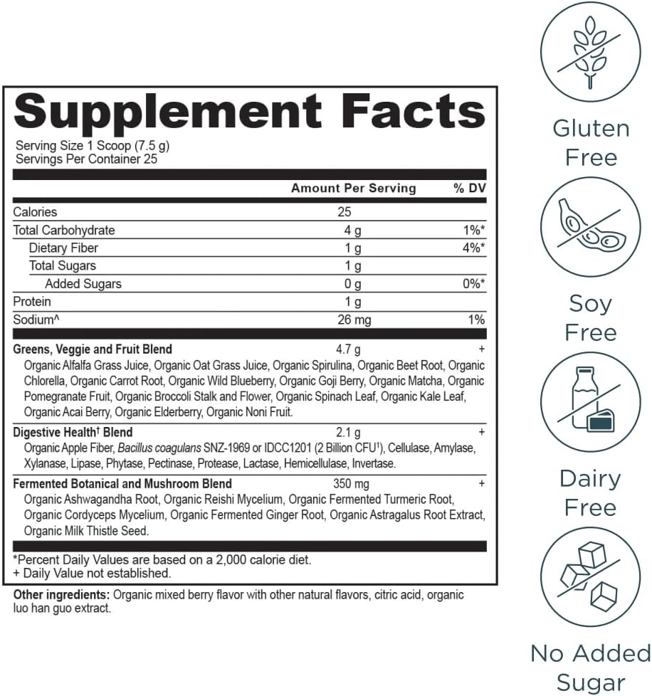 Ancient Nutrition SuperGreens Powder con Probióticos, Sabor Bayas Orgánico, 25 Servicios, 190g