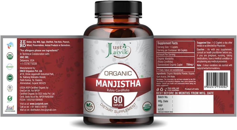 Just Jaivik Comprimidos Orgánicos de Manjistha - 750 mg (90 Comprimidos)
