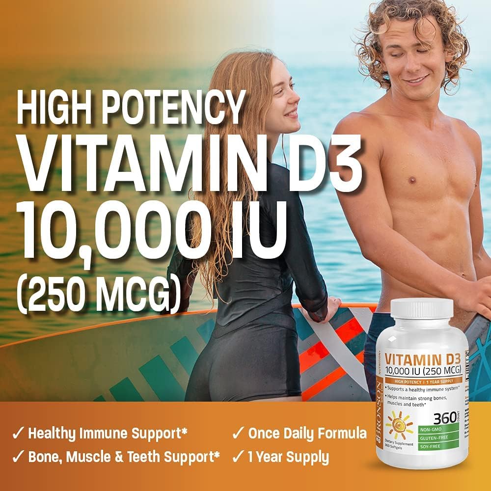 Bronson Vitamin D3 10,000 IU (250 mcg) Alta Potencia - Apoya el Sistema Inmunitario, Huesos, Músculos y Dientes - No GMO, 180 Cápsulas Blandas