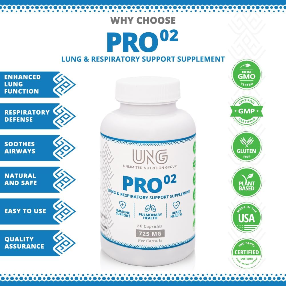 UNG Pro-O2 Suplemento de Soporte Pulmonar y Respiratorio, 725 mg, 60 Cápsulas