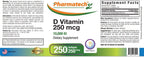 PHARMATECH Vitamina D3 10000 UI, 250 mcg, Alta Potencia, Apoya la Salud del Sistema Inmunológico, Huesos y Músculos, Sin Gluten, Sin Azúcar, No GMO, 250 Cápsulas Blandas