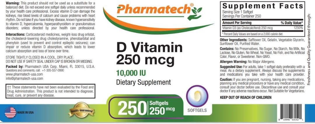 PHARMATECH Vitamina D3 10000 UI, 250 mcg, Alta Potencia, Apoya la Salud del Sistema Inmunológico, Huesos y Músculos, Sin Gluten, Sin Azúcar, No GMO, 250 Cápsulas Blandas