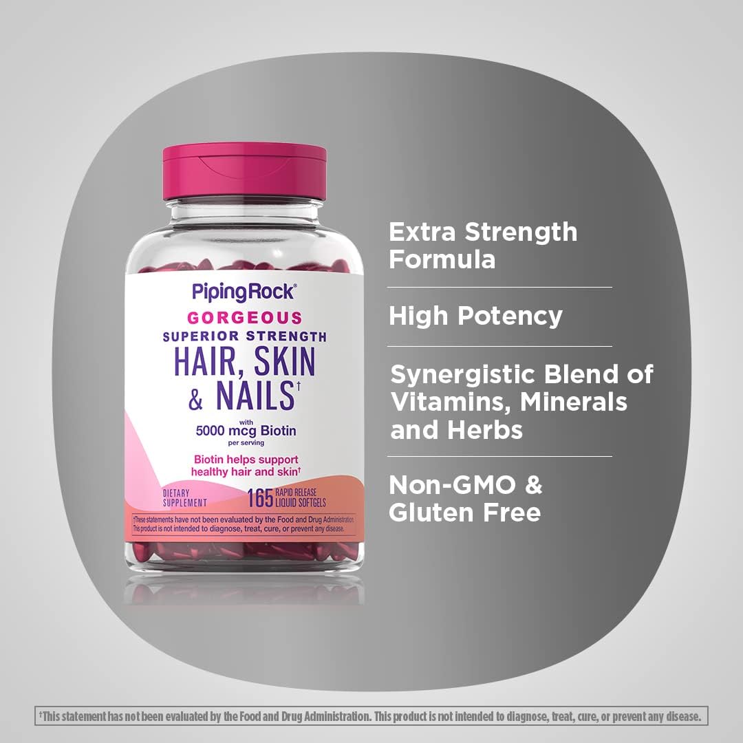 Piping Rock Vitaminas para Cabello, Piel y Uñas, 165 Cápsulas Blandas, 5000 mcg de Biotina Extra Fuerte, con Aceite de Argán y Coco, Sin OGM, Sin Gluten