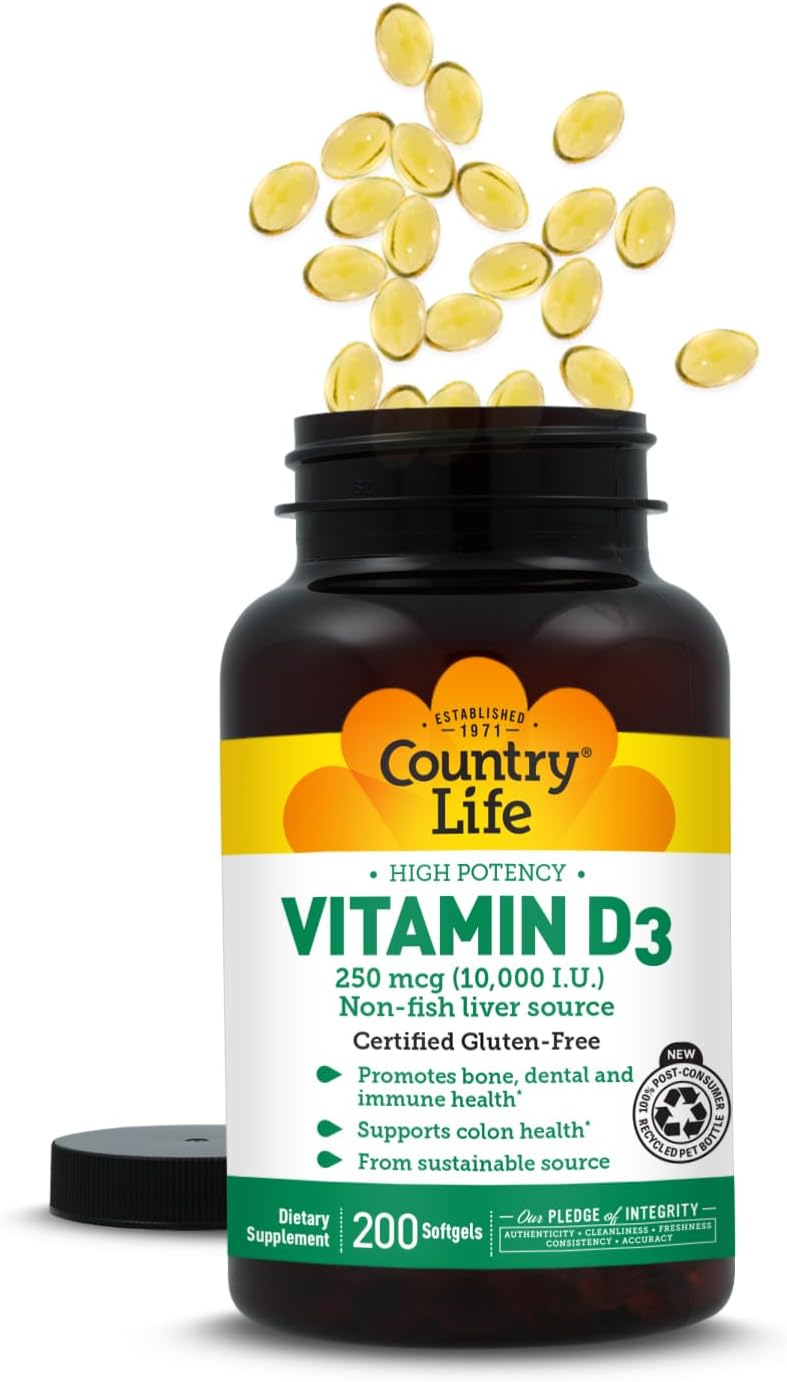 Country Life Vitamina D3 10.000 UI – Alta Potencia, Sin Pescado – Apoyo Óseo e Inmunitario – Sin Gluten – 200 Cápsulas Blandas
