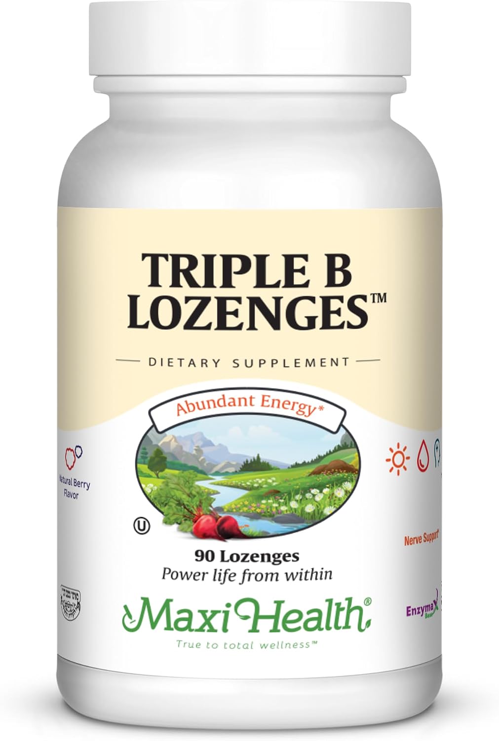 Maxi Health Triple B Lozenges - Vitamina B12, B6 y Biotina - Sabor Fresa - 90 Comprimidos Masticables - Kosher
