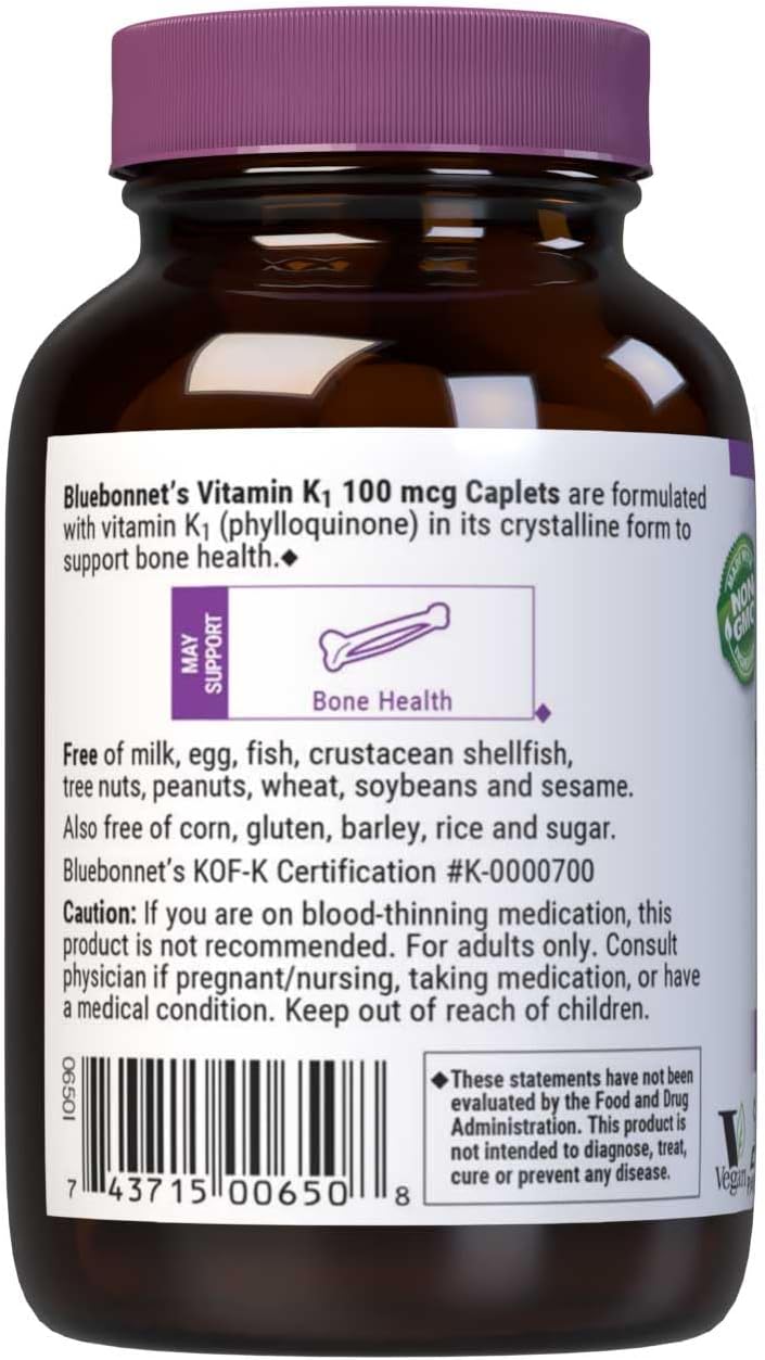 Bluebonnet Vitamina K1 100 mcg – Filoqinona Crystalline – 100 Caplets Veganos