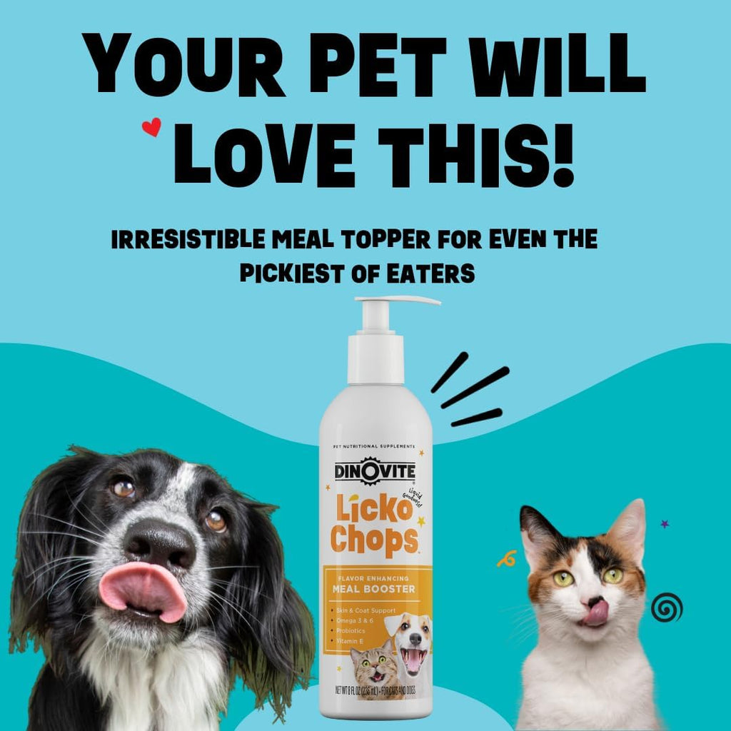 Dinovite Lickochops Suplemento para Perros y Gatos con Ácidos Grasos Omega-3 y 6, Probióticos y Vitamina E, 473 ml con Dosificador