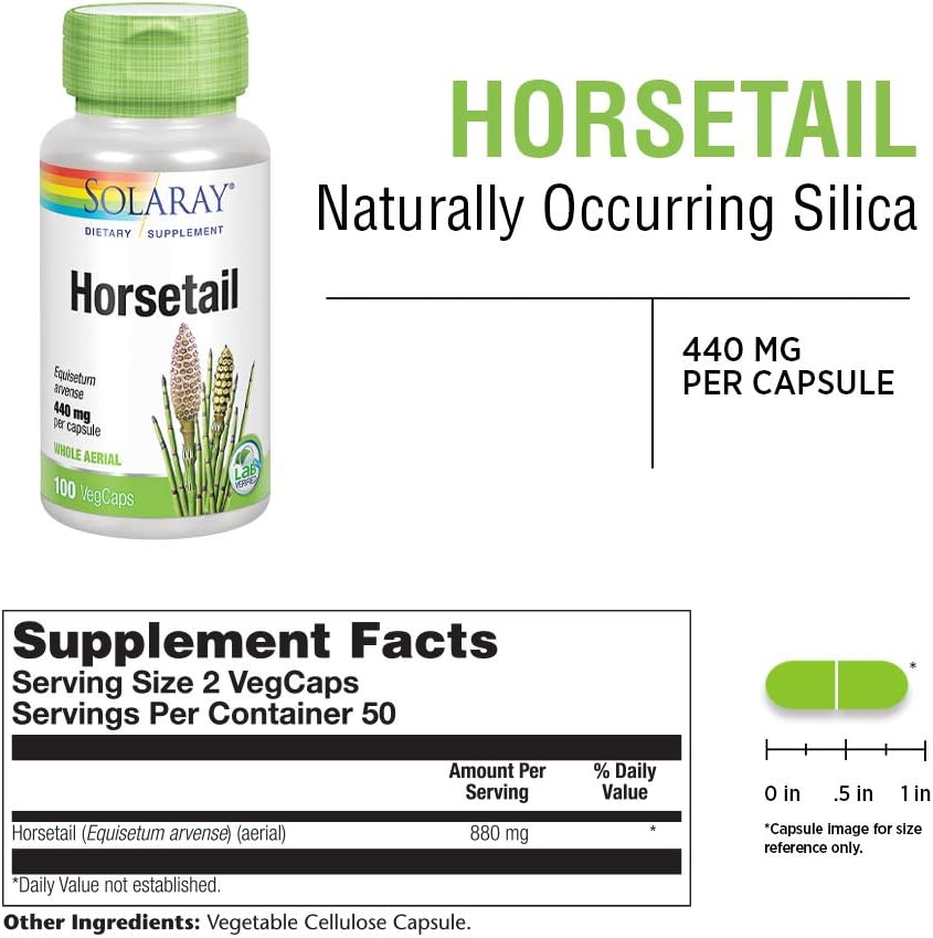 Solaray Cola de Caballo 880 mg - Suplemento con Sílice Natural - 100 Cápsulas Veganas