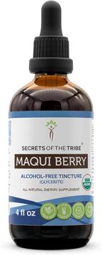 Secrets of the Tribe Maqui Berry USDA Orgánico | Extracto sin Alcohol, Gotas Herbales de Alta Potencia | Hecho con Bayas Secas de Aristotelia chilensis 100% Orgánicas (118 ml)