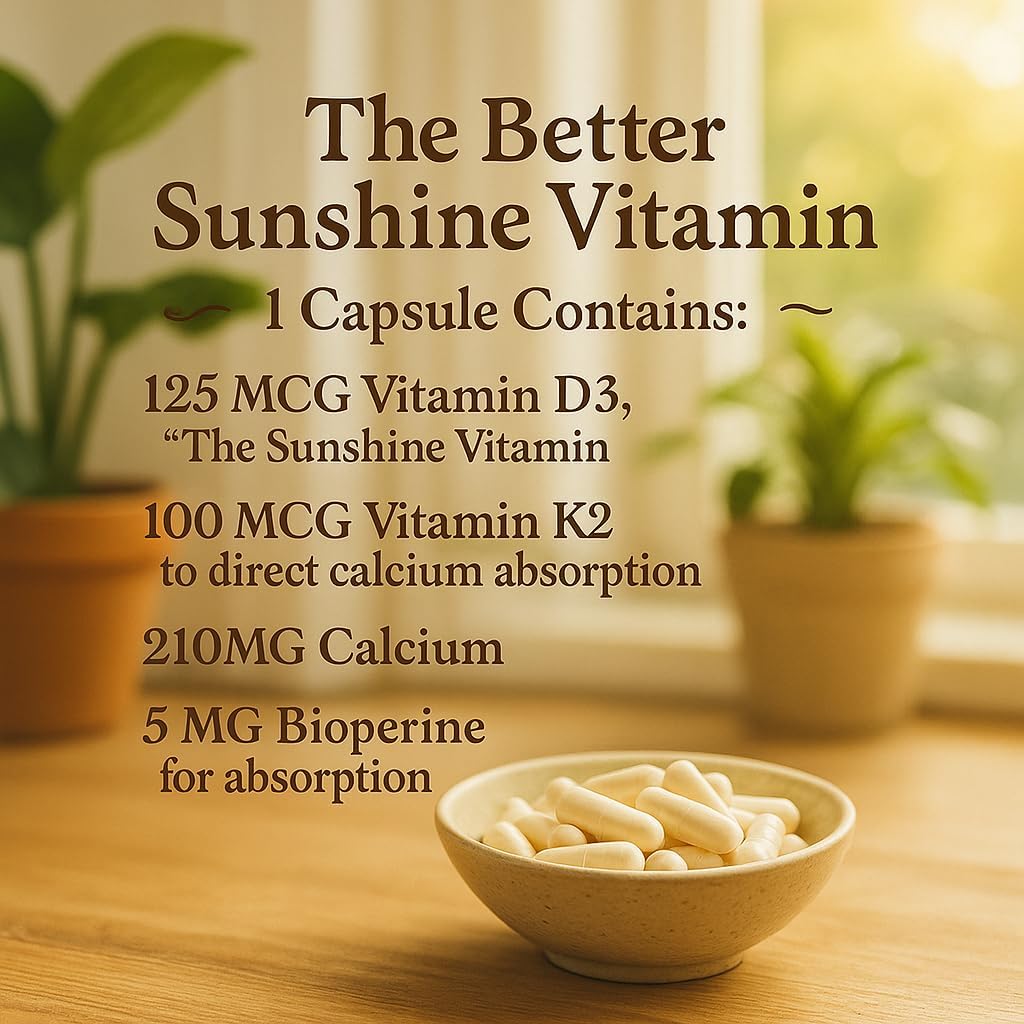Me First Living Vitamina D3 + K2 MK-7, 125 mcg D3 y 100 mcg K2, con Calcio y BioPerine, Cápsulas Vegetales