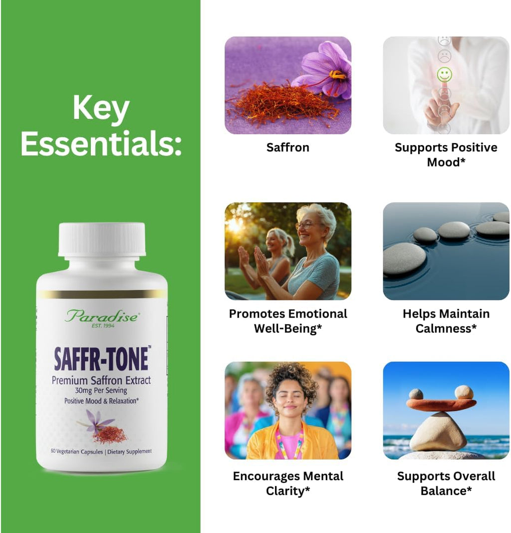 Paradise Herbs Saffr-Tone, Saffron Extract, Active Whole Spectrum, 60 Vegetarian Capsules